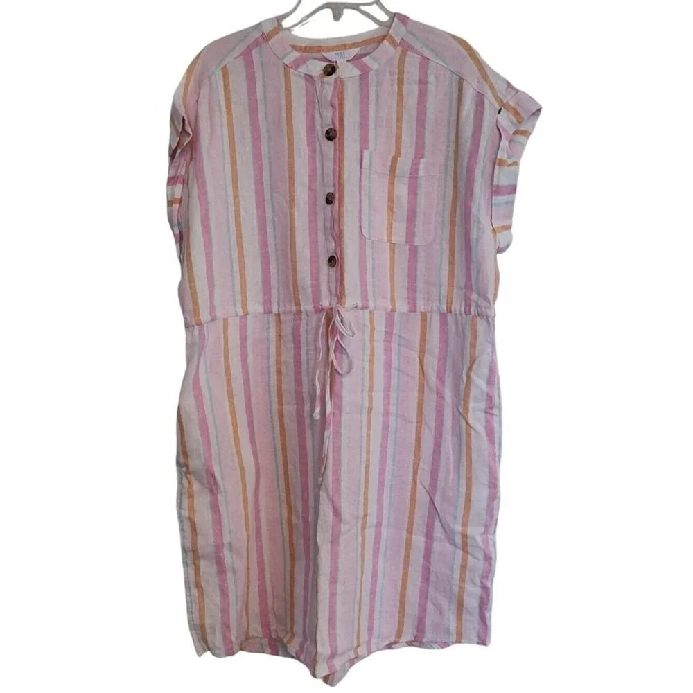 Time and Tru Pink Stripe Button Linen Rayon Shirt Dress Size L 12-14 Beach Vacay